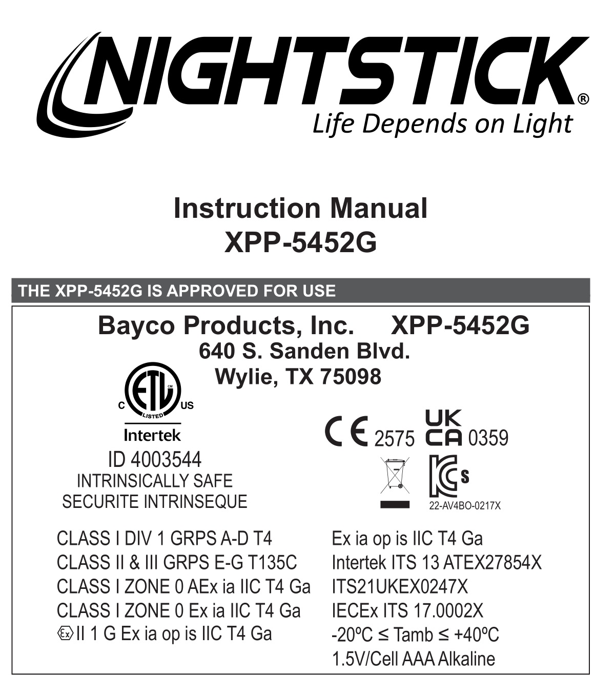 NIGHTSTICK XPP-5452G Intrinsically Safe Dual Function Headlamp Instruction Manual