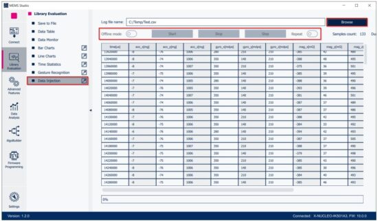 ST NUCLEO F401RE MotionGR Real Time Gesture Recognition Library - Library Evaluation - Data Injection