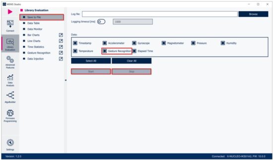 ST NUCLEO F401RE MotionGR Real Time Gesture Recognition Library - Library Evaluation - Save To File