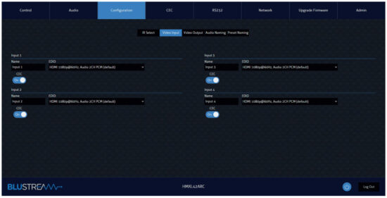 BLUSTREAM HMXL42ARC-KIT Essential 4x2 HDBaseT Matrix - Configuration Video Input Page