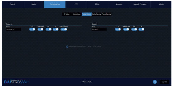 BLUSTREAM HMXL42ARC-KIT Essential 4x2 HDBaseT Matrix - Configuration Video Output Page