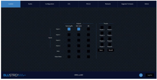 BLUSTREAM HMXL42ARC-KIT Essential 4x2 HDBaseT Matrix - User Control Page
