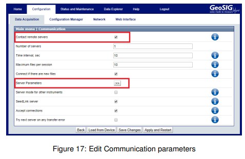 elaGMS Series GeoSIG Recorders - Edit Communication parameters
