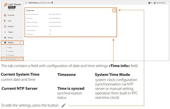 Light Stream Player V2 Creating Running - Setting the date and time 1