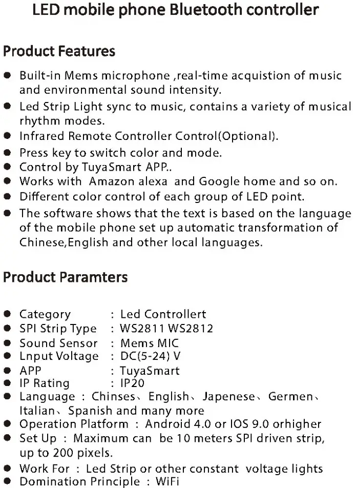 T-LED DIGI03 WI-FI 24Key RGBIC LED Controller - Features and Parameter