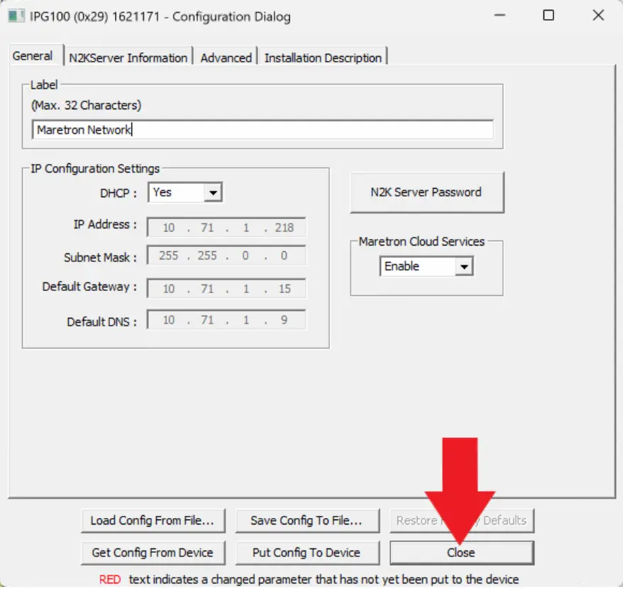 Maretron IPG100 Internet Protocol Gateway - Close the Configuration Dialog box