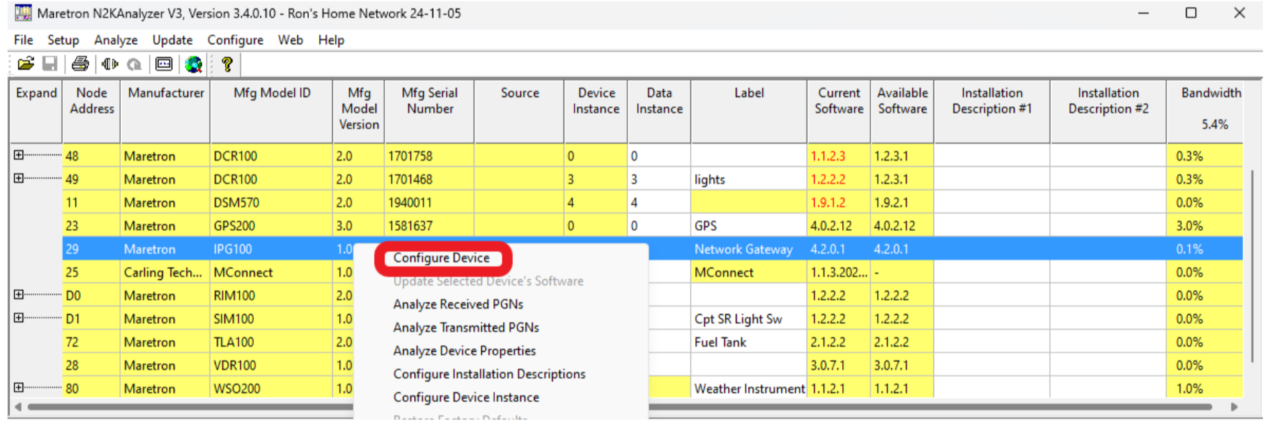 Maretron IPG100 Internet Protocol Gateway - Right-click on IPG100 and select Configure Device