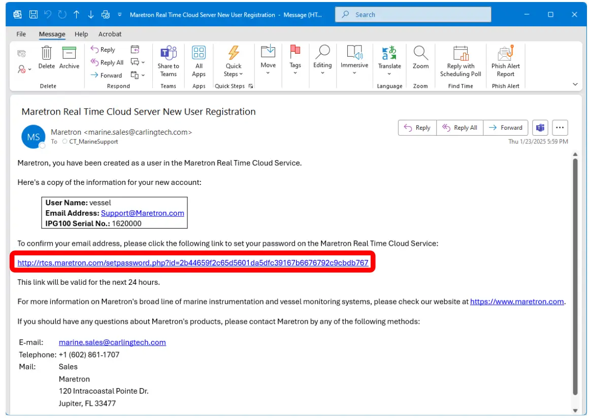 Maretron IPG100 Internet Protocol Gateway - confirmation email of the account setup