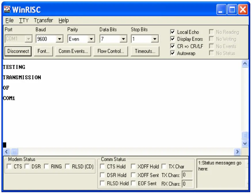 ASSURED SYSTEMS USB-FLEXCOM4 Official ACCES IO Distributor and Integrator - WinRISC Windows Terminal Program Screen Shot