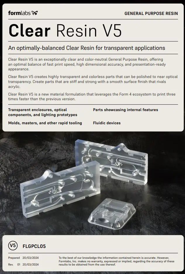formlabs Clear Resin V5 Form 4 3D Printer User Guide