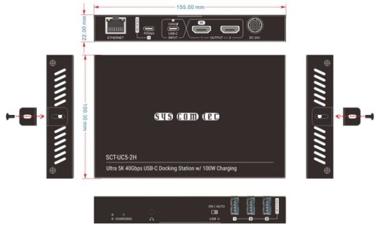sys com tec SCT UC5 2H Ultra 5K 40Gbps USB C Docking Station - Panel Drawing