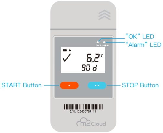 m2cloud m2sn204 Logtrack USB Bluetooth Data Logger - START Button STOP Button