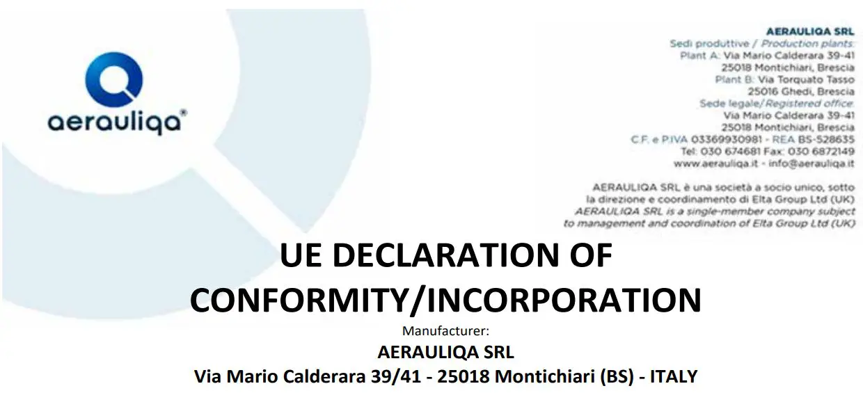 aerauliqa EHS Range Ceiling High Volume Low Speed Fan Instruction Manual - DECLARATION OF CONFORMITY AND INCORPORATION