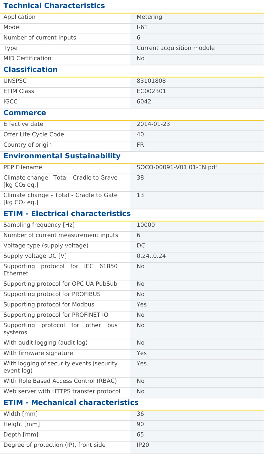 SOCOMEC I-61 Current Module DIRIS Digiware - Technical Characteristics 1