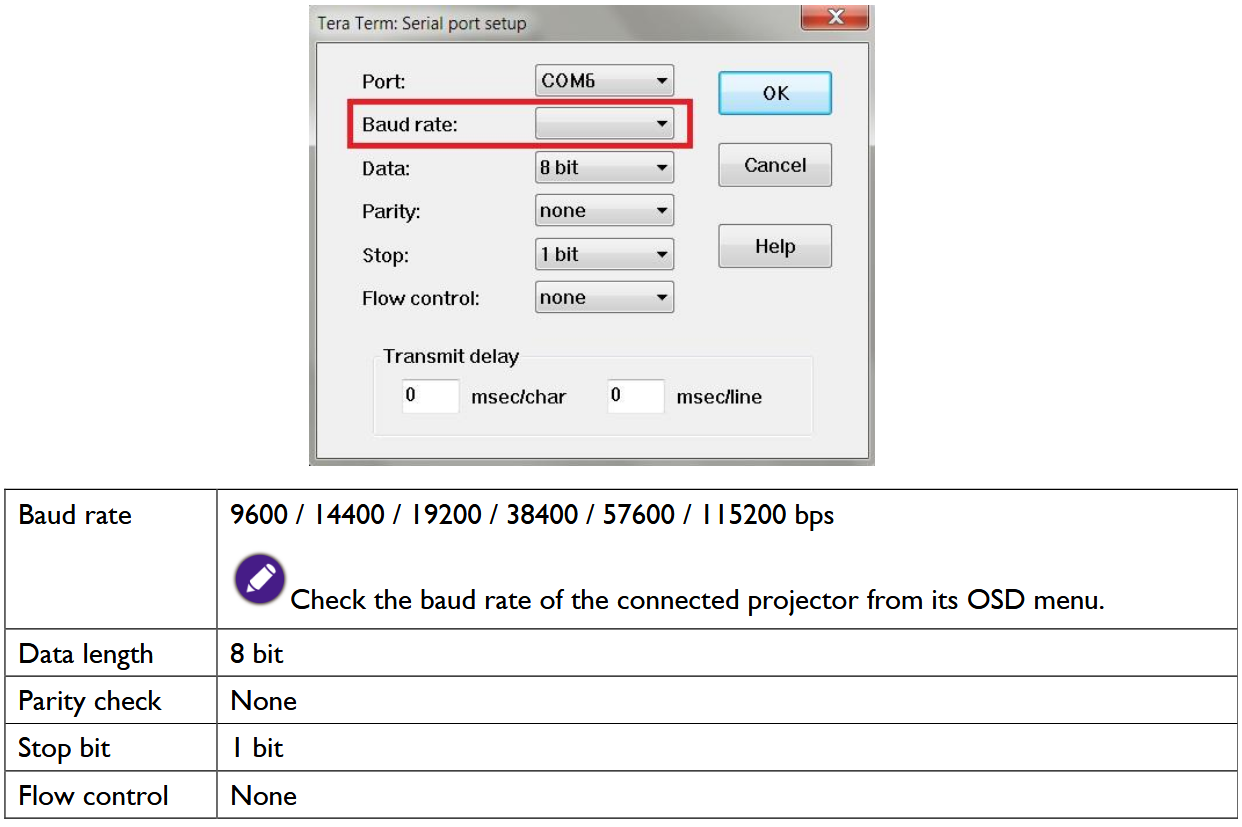 BenQ RS232 Command Control Projector - Serial port setup