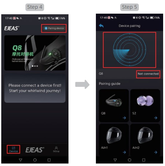 EJEAS Q8 Wireless Intercom Headset System - Bluetooth pairing mode