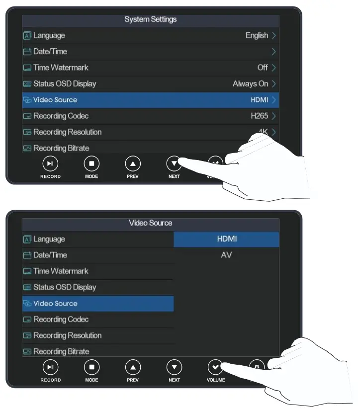 VHS Multifunctional UHD Video Recorder - Input Source Settings in Record Mode
