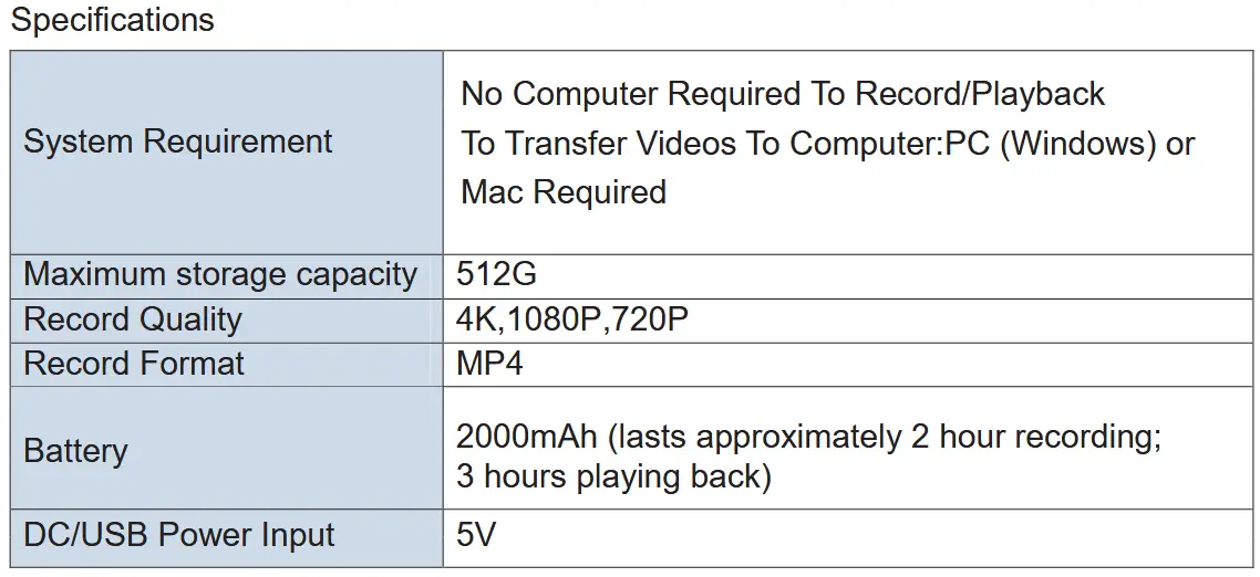 VHS Multifunctional UHD Video Recorder - Technical Specifications
