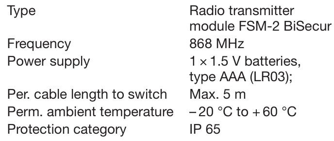 HORMANN FSM-2 Radio Transmitter Module - Technical data