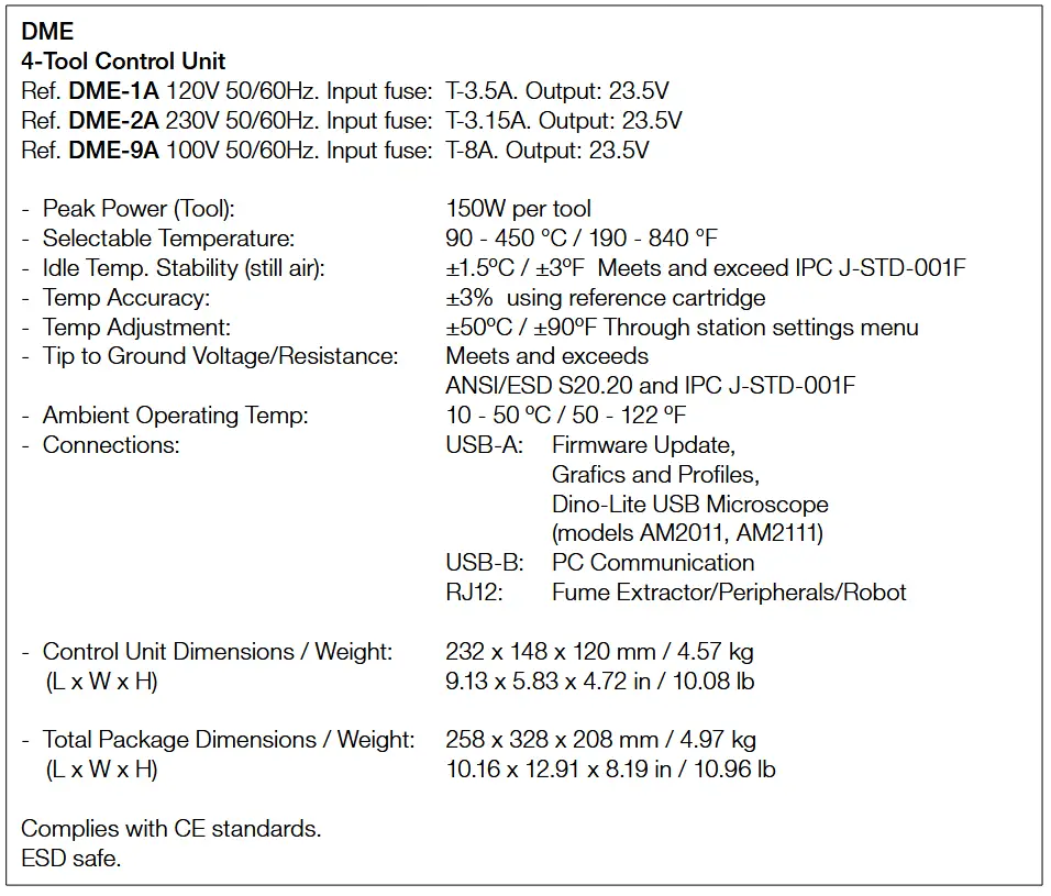 JBC DME-9A 4-Tool Control Unit - Specifications