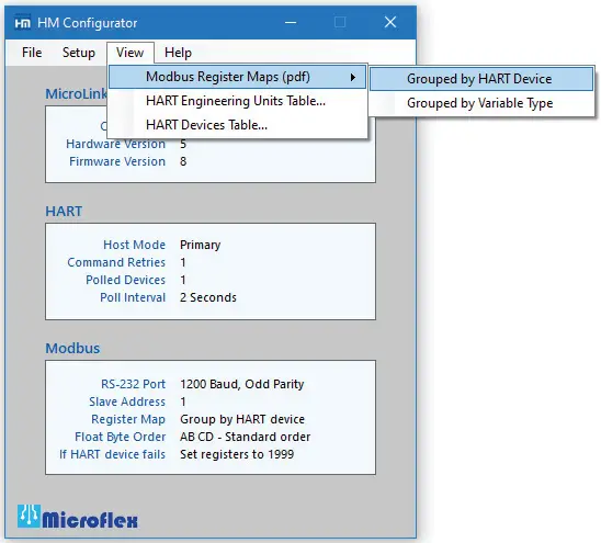 Microflex InLink HM 101 0014 HART Protocol Modem Module - Menu for viewing modbus register maps
